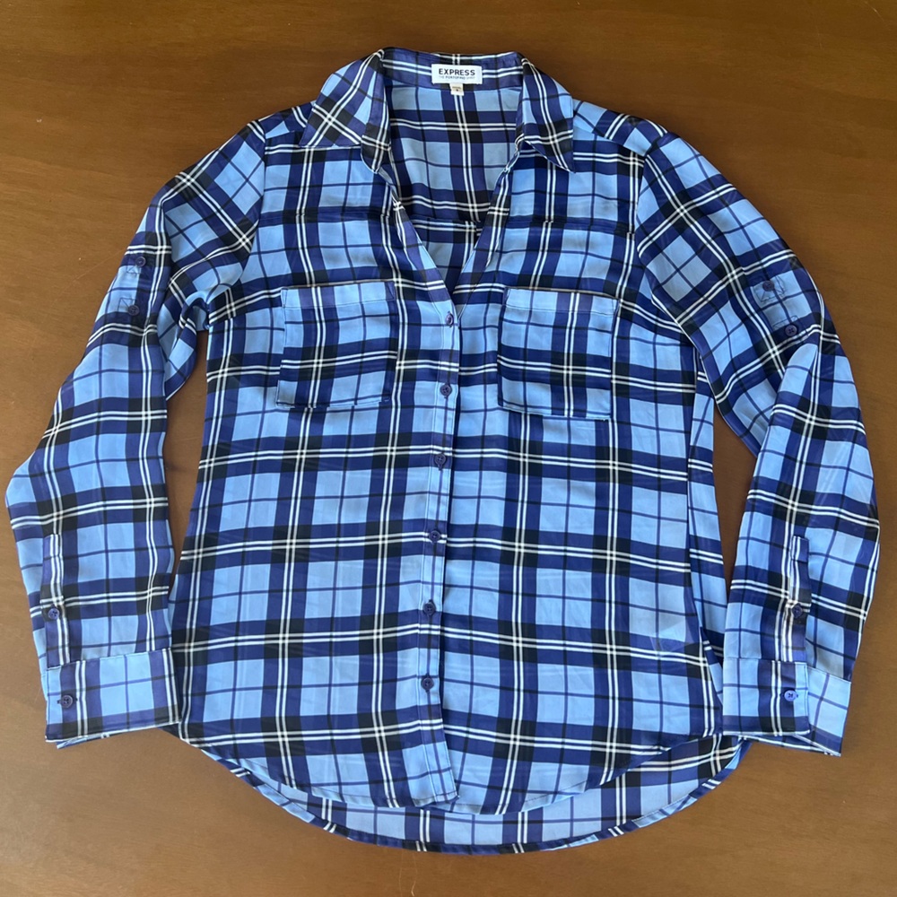 🛍️ Express Plaid Sheer Portofino Button Down V Neck Adjustable Sleeve summer